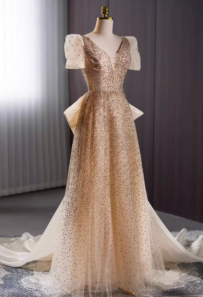 Casual V Neck A-Line Sweet 16th Gowns Short Sleeve Beading Sequins Bow Train Prom Dress AP5735