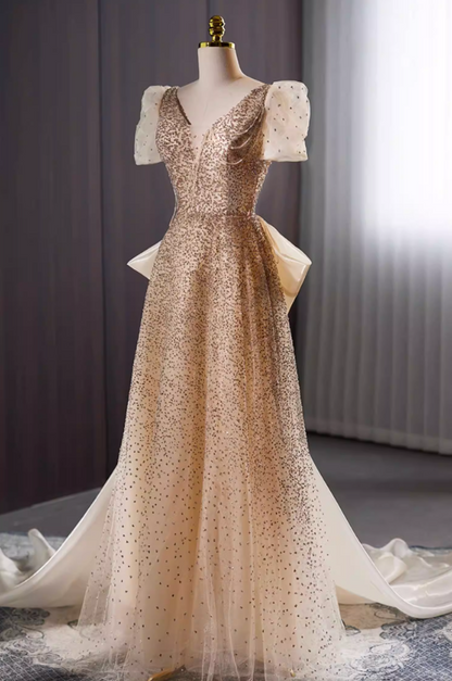 Casual V Neck A-Line Sweet 16th Gowns Short Sleeve Beading Sequins Bow Train Prom Dress AP5735
