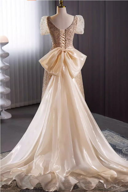 Casual V Neck A-Line Sweet 16th Gowns Short Sleeve Beading Sequins Bow Train Prom Dress AP5735