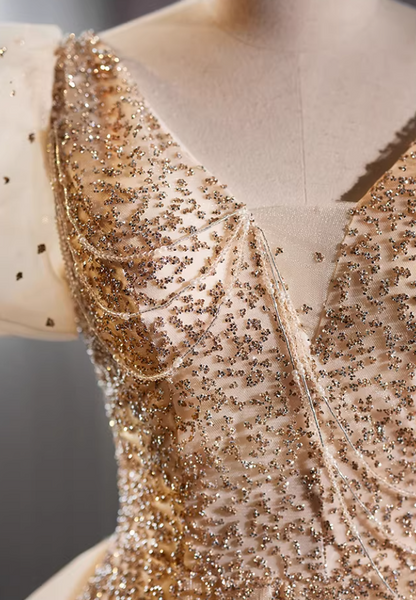 Casual V Neck A-Line Sweet 16th Gowns Short Sleeve Beading Sequins Bow Train Prom Dress AP5735