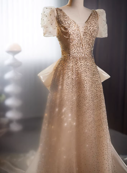 Casual V Neck A-Line Sweet 16th Gowns Short Sleeve Beading Sequins Bow Train Prom Dress AP5735
