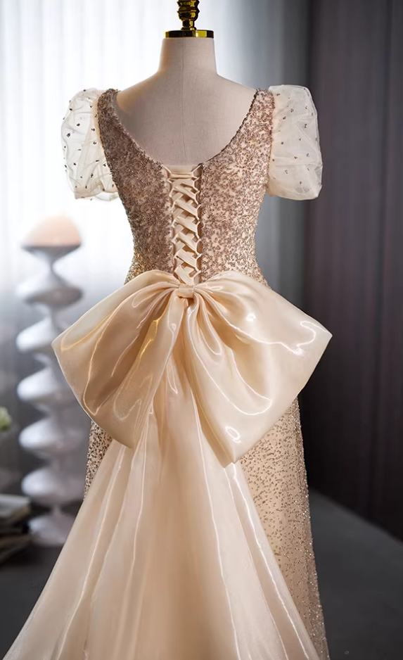 Casual V Neck A-Line Sweet 16th Gowns Short Sleeve Beading Sequins Bow Train Prom Dress AP5735
