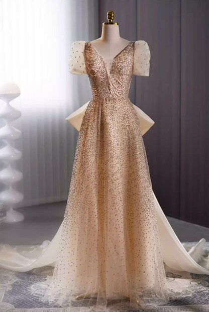 Casual V Neck A-Line Sweet 16th Gowns Short Sleeve Beading Sequins Bow Train Prom Dress AP5735