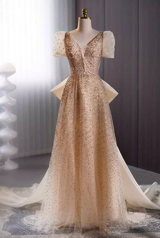 Casual V Neck A-Line Sweet 16th Gowns Short Sleeve Beading Sequins Bow Train Prom Dress AP5735