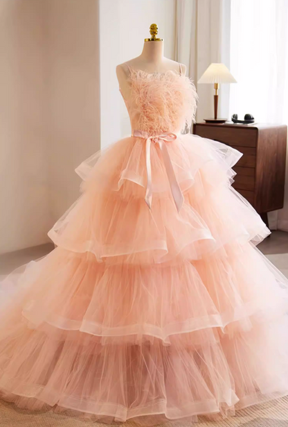 Y2K A-Line Spaghetti Strap Evening Gowns Tiered Tulle Bow Pearls Feather Prom Dress AP5736