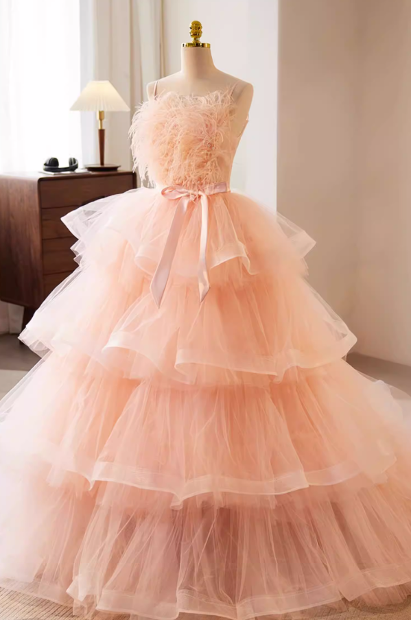 Y2K A-Line Spaghetti Strap Evening Gowns Tiered Tulle Bow Pearls Feather Prom Dress AP5736