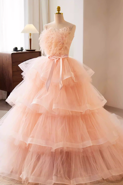 Y2K A-Line Spaghetti Strap Evening Gowns Tiered Tulle Bow Pearls Feather Prom Dress AP5736