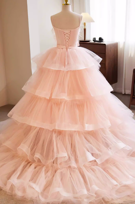 Y2K A-Line Spaghetti Strap Evening Gowns Tiered Tulle Bow Pearls Feather Prom Dress AP5736