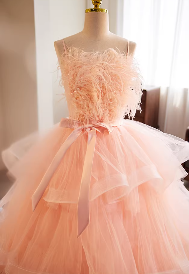 Y2K A-Line Spaghetti Strap Evening Gowns Tiered Tulle Bow Pearls Feather Prom Dress AP5736
