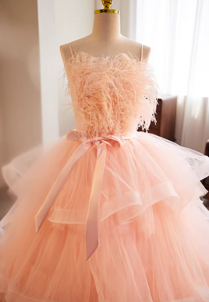 Y2K A-Line Spaghetti Strap Evening Gowns Tiered Tulle Bow Pearls Feather Prom Dress AP5736