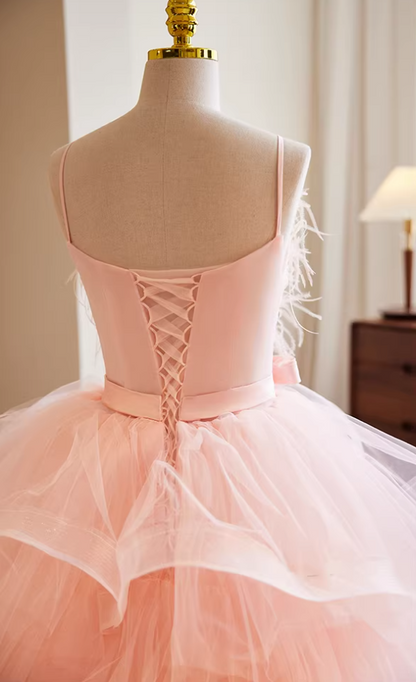 Y2K A-Line Spaghetti Strap Evening Gowns Tiered Tulle Bow Pearls Feather Prom Dress AP5736