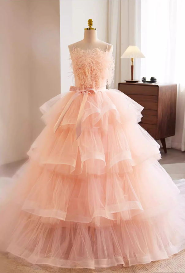 Y2K A-Line Spaghetti Strap Evening Gowns Tiered Tulle Bow Pearls Feather Prom Dress AP5736