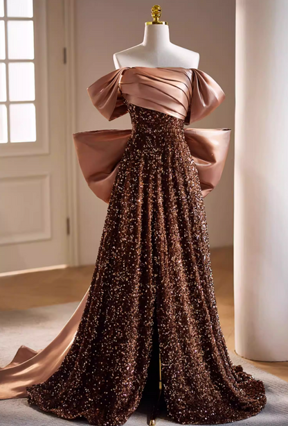 New Tendency A-Line Off-Shoulder Evening Gowns Bow Train Sequins Pleated Satin Prom Dress AP5737
