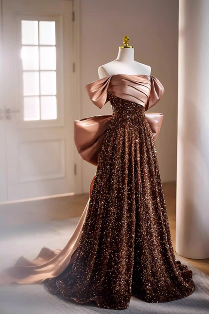 New Tendency A-Line Off-Shoulder Evening Gowns Bow Train Sequins Pleated Satin Prom Dress AP5737