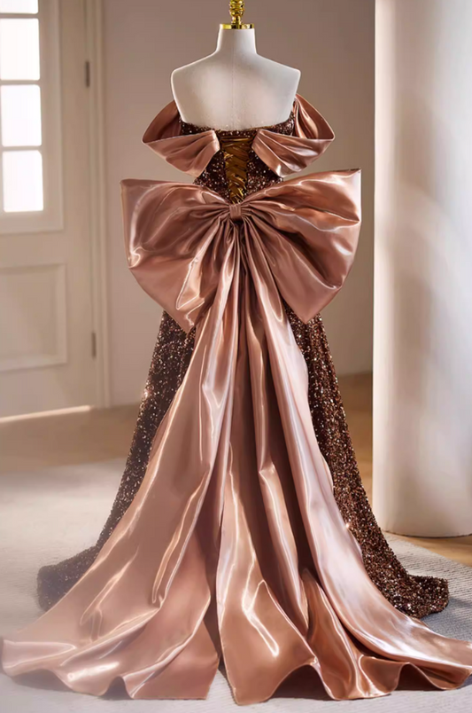 New Tendency A-Line Off-Shoulder Evening Gowns Bow Train Sequins Pleated Satin Prom Dress AP5737