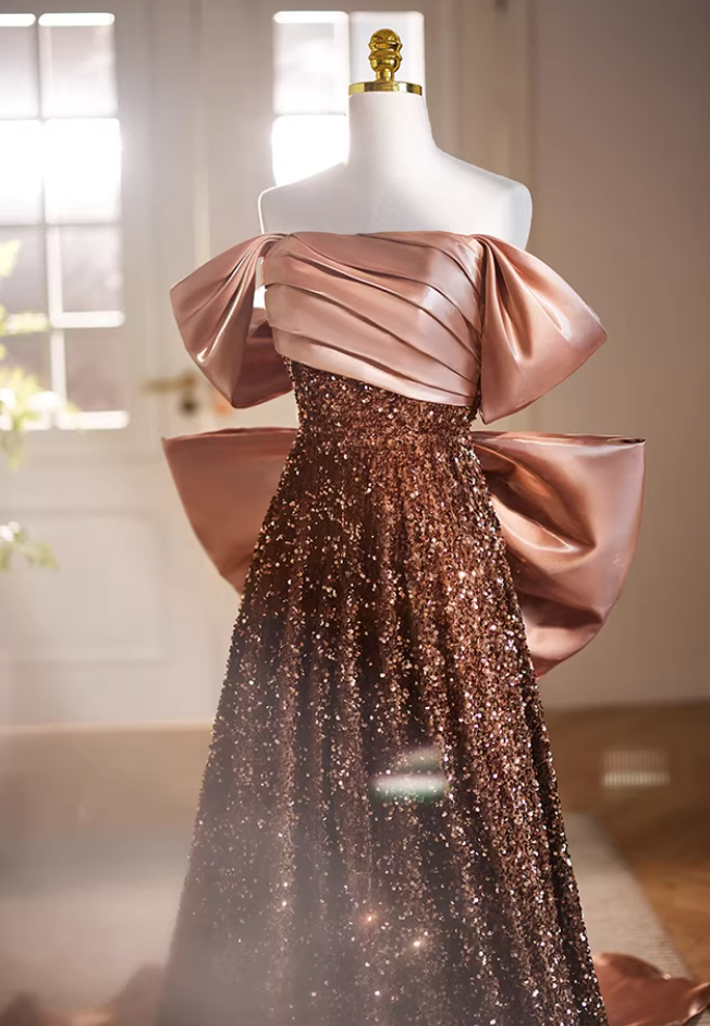New Tendency A-Line Off-Shoulder Evening Gowns Bow Train Sequins Pleated Satin Prom Dress AP5737