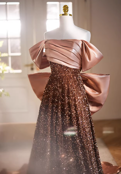 New Tendency A-Line Off-Shoulder Evening Gowns Bow Train Sequins Pleated Satin Prom Dress AP5737