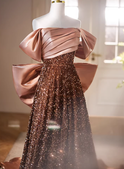 New Tendency A-Line Off-Shoulder Evening Gowns Bow Train Sequins Pleated Satin Prom Dress AP5737