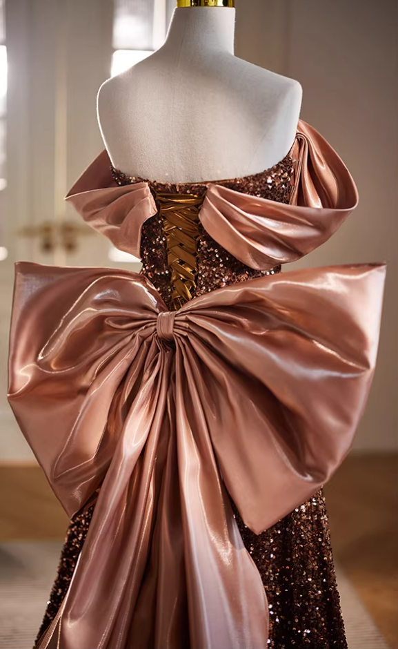 New Tendency A-Line Off-Shoulder Evening Gowns Bow Train Sequins Pleated Satin Prom Dress AP5737