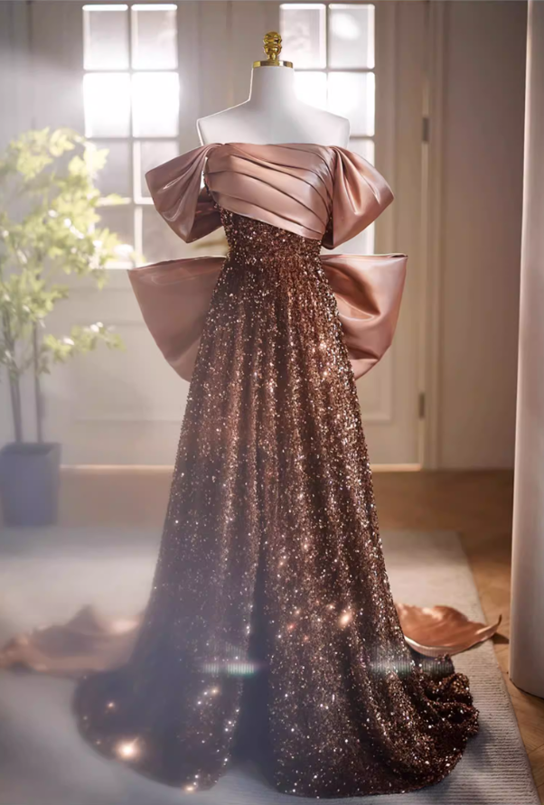 New Tendency A-Line Off-Shoulder Evening Gowns Bow Train Sequins Pleated Satin Prom Dress AP5737