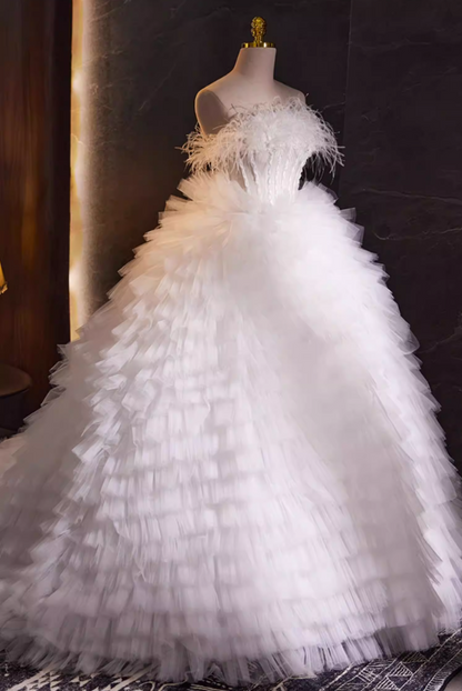 Fairy Strapless A-Line Bridal Gowns Tiered Tulle Feather Pearls Wedding Dress AP5738