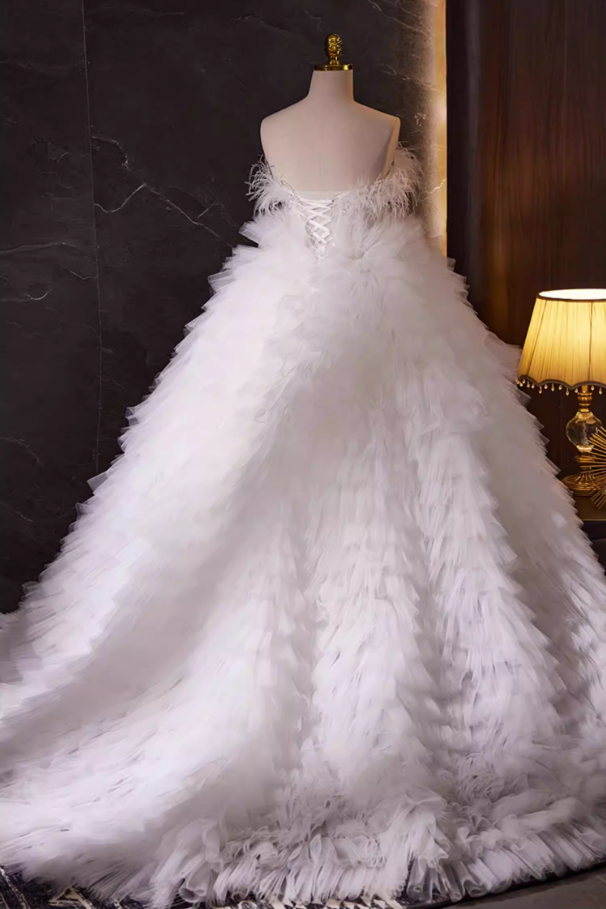 Fairy Strapless A-Line Bridal Gowns Tiered Tulle Feather Pearls Wedding Dress AP5738