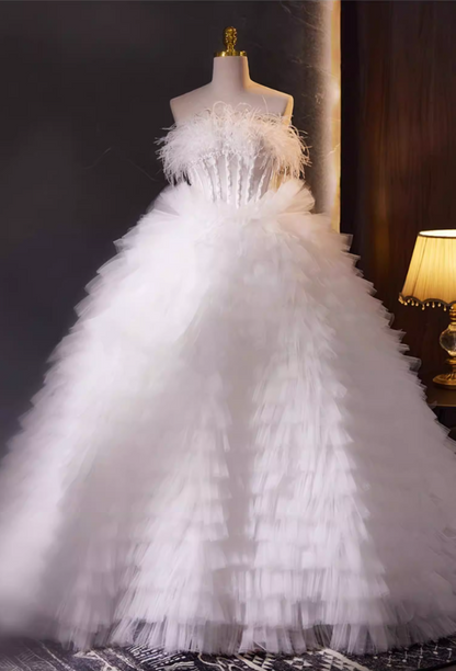 Fairy Strapless A-Line Bridal Gowns Tiered Tulle Feather Pearls Wedding Dress AP5738