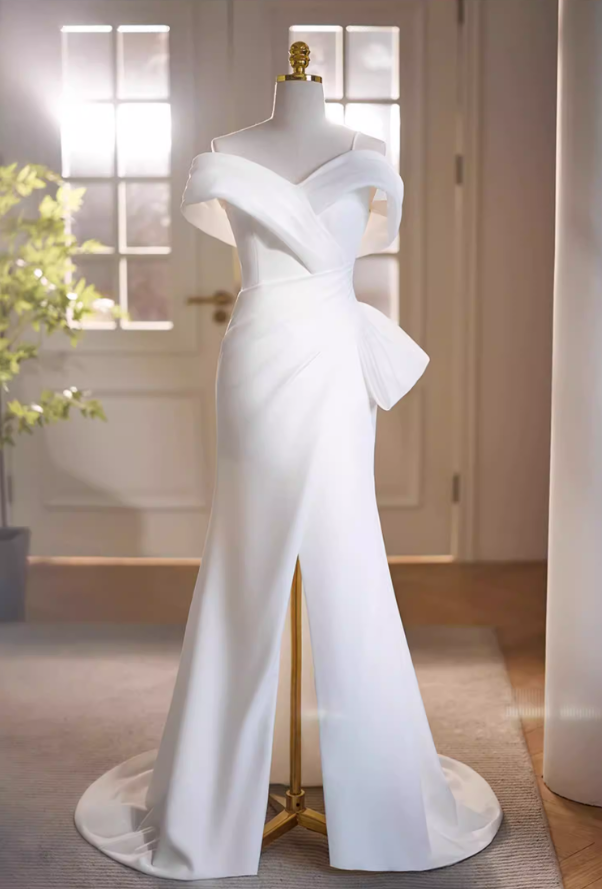 Refined Off-Shoulder Mermaid Bridal Gowns Satin High-Slit Wedding Dress AP5739