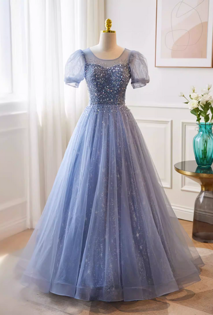 Lovely Jewel Neck A-Line Blue Tulle Sweet 16th Gowns Short Sleeve Sequins Prom Dress AP5740