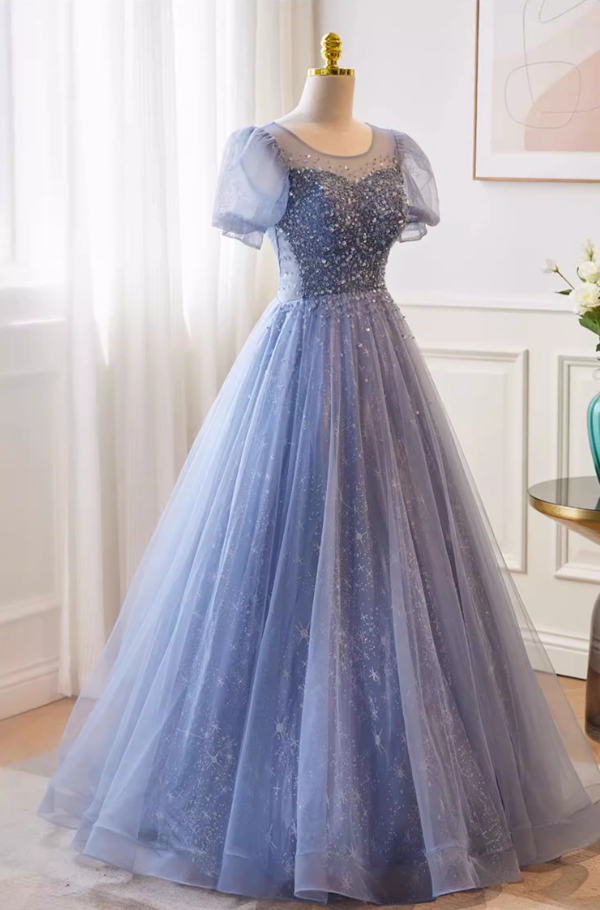 Lovely Jewel Neck A-Line Blue Tulle Sweet 16th Gowns Short Sleeve Sequins Prom Dress AP5740