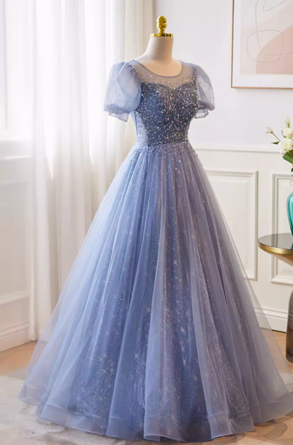 Lovely Jewel Neck A-Line Blue Tulle Sweet 16th Gowns Short Sleeve Sequins Prom Dress AP5740