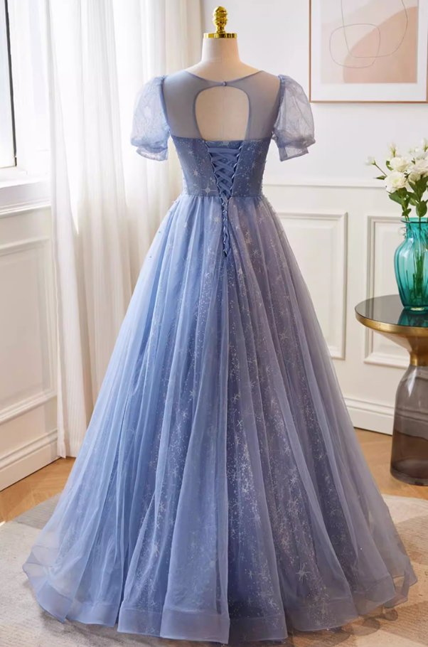 Lovely Jewel Neck A-Line Blue Tulle Sweet 16th Gowns Short Sleeve Sequins Prom Dress AP5740