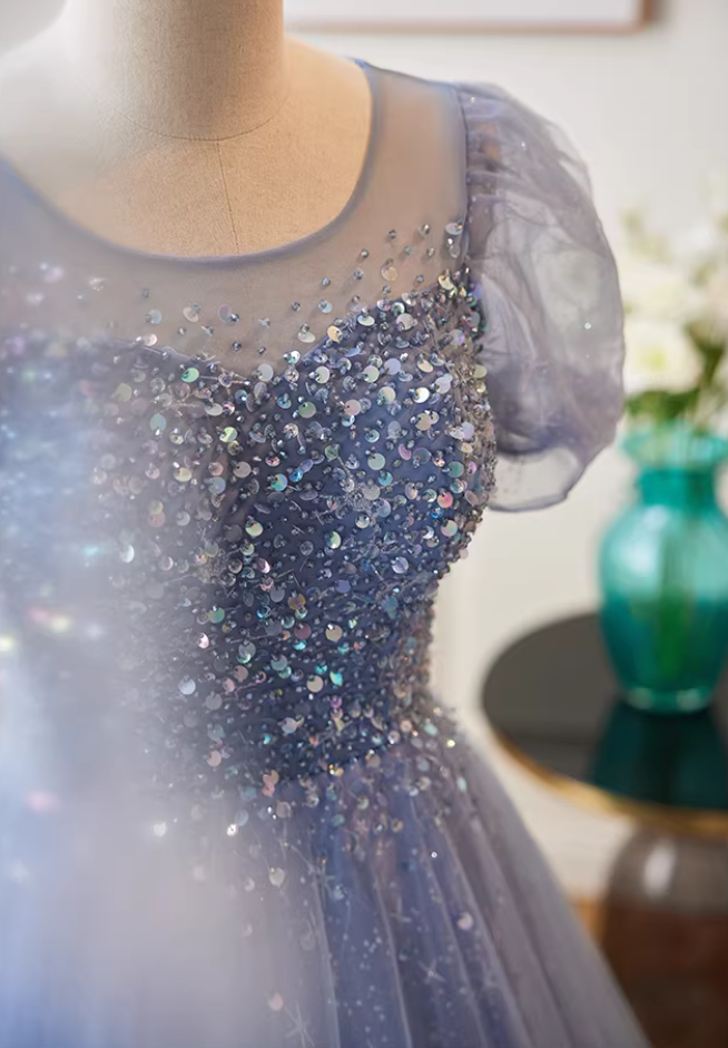 Lovely Jewel Neck A-Line Blue Tulle Sweet 16th Gowns Short Sleeve Sequins Prom Dress AP5740