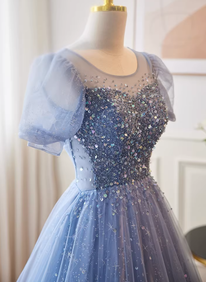Lovely Jewel Neck A-Line Blue Tulle Sweet 16th Gowns Short Sleeve Sequins Prom Dress AP5740