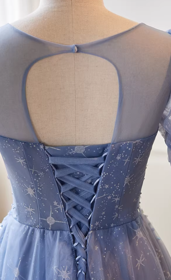 Lovely Jewel Neck A-Line Blue Tulle Sweet 16th Gowns Short Sleeve Sequins Prom Dress AP5740