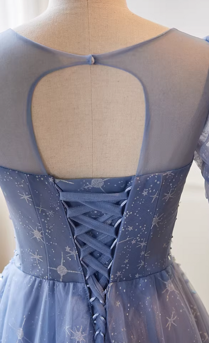 Lovely Jewel Neck A-Line Blue Tulle Sweet 16th Gowns Short Sleeve Sequins Prom Dress AP5740