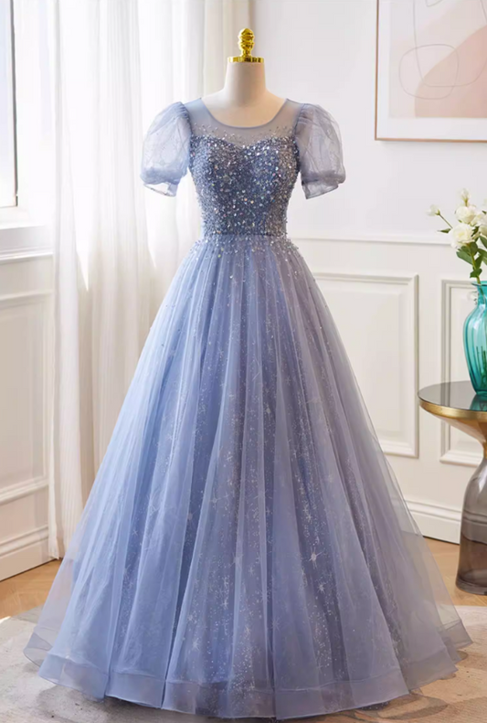 Lovely Jewel Neck A-Line Blue Tulle Sweet 16th Gowns Short Sleeve Sequins Prom Dress AP5740