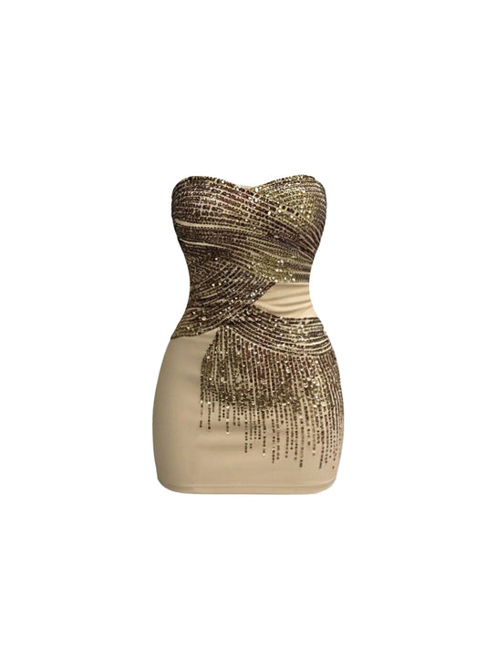 Everyday Wear Gold Sequin Cross Pattern Strapless Mini Skirt Classical Champagne Heart Bust Tassel Sequin Accents Bodycon Short Dress AP5741