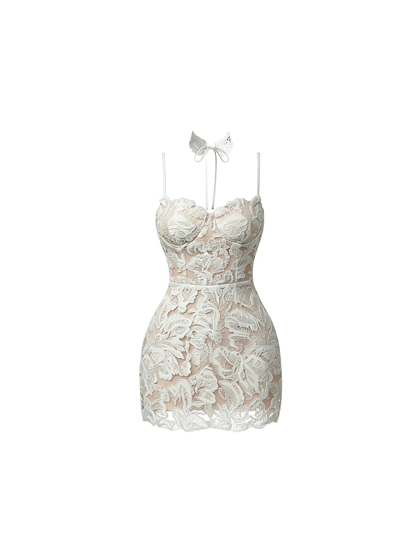 Exquisite Spaghetti Strap Sheer Floral Lace Mini Skirt White Halter Butterfly Tie Heart Bust Bodycon Short Dress AP5742