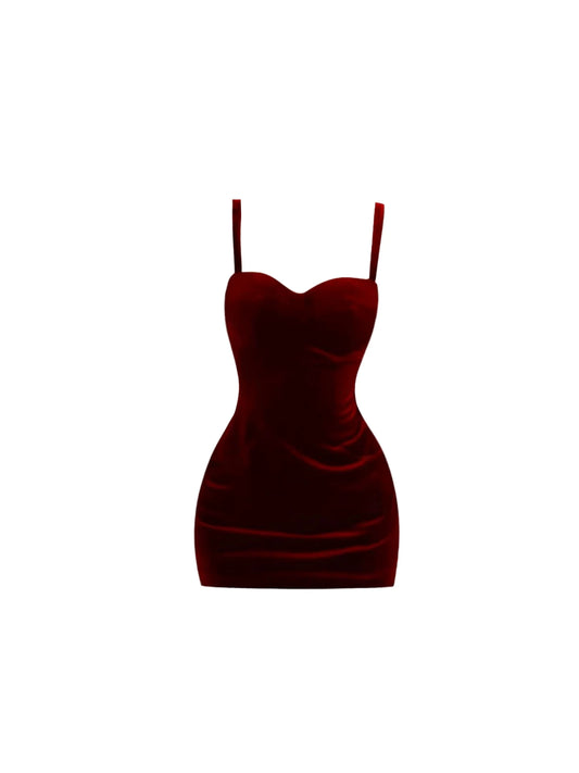 Beautiful Heart Bust Ruched Bodycon Mini Skirt Charming Burgundy Velvet Spaghetti Strap Short Dress AP5743