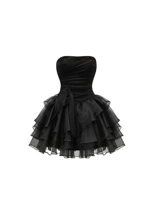 Superb Ruched Bodice Waist Bow A-Line Mini Skirt Vogue Black Strapless Sparkle Crystals Tiered Tulle Short Dress AP5745