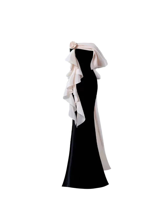 Appealing Black & Blush One-Shoulder Fitted Mermaid Maxi Dress Charming Floral Accent Asymmetric Ruffled Sash Long Dress AP5748