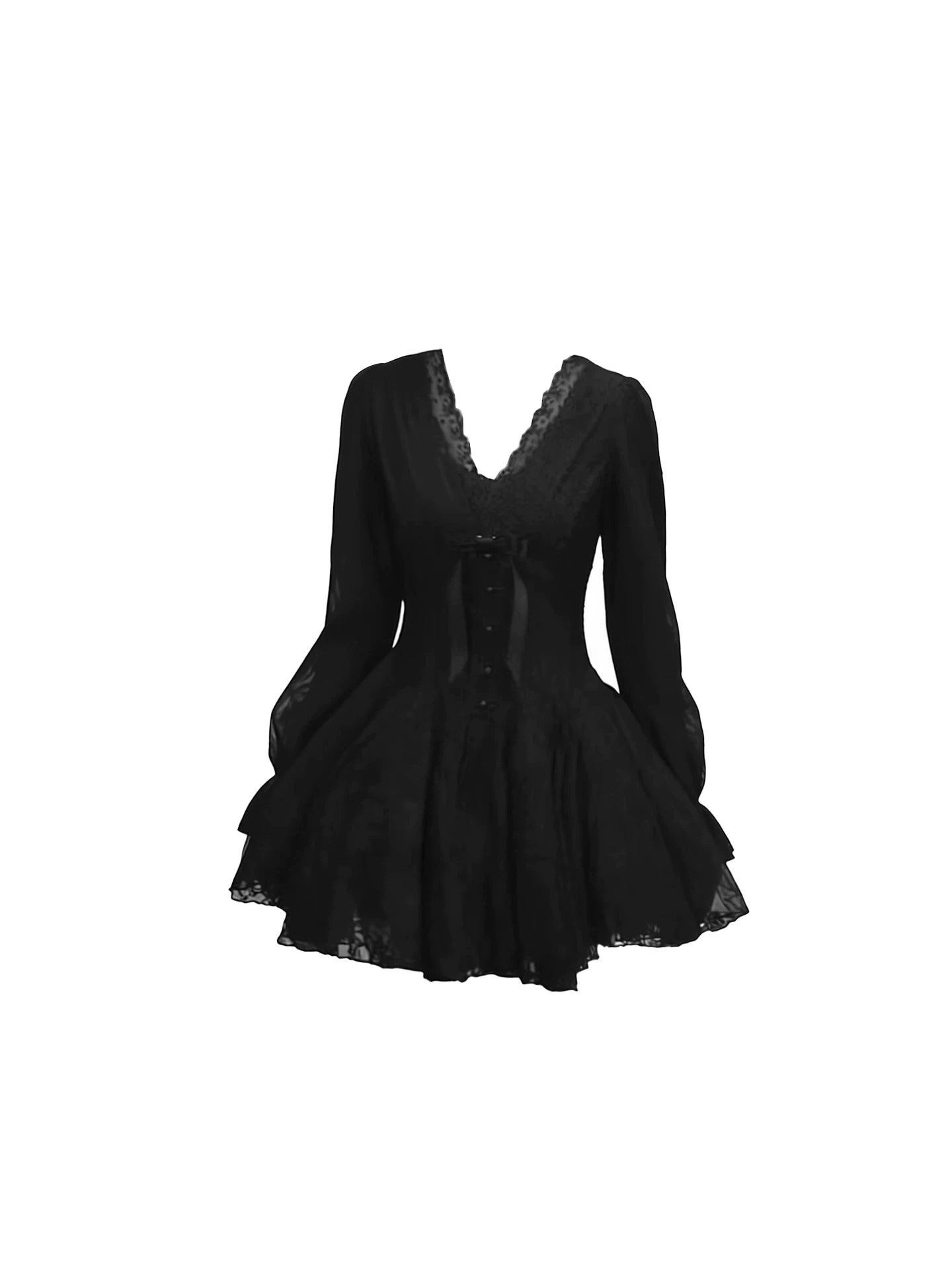 Fascinating Black Long-Sleeve V-Neck Lace Trim Mini Skirt Chic Bow Accent Button Front Tiered Lace Flared Short Dress AP5749