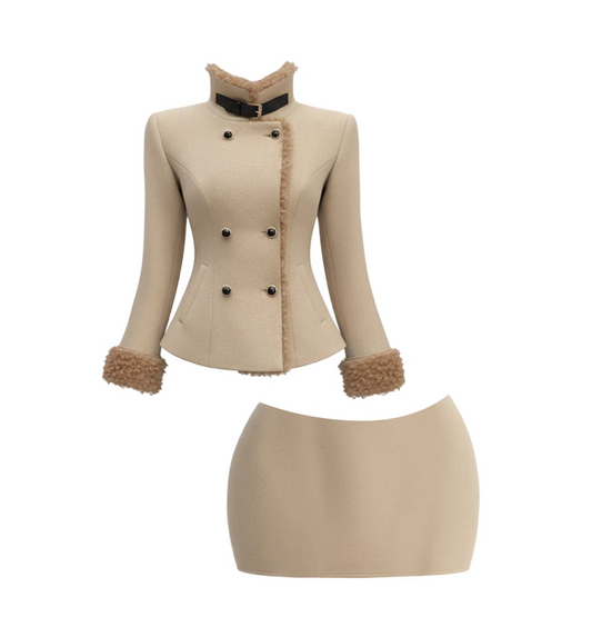 Avant-Garde Double-Breasted Blazer Bodycon Mini Skirt Playful Beige Lamb Fur Trimmed Two-Piece Set Short Dress AP5752