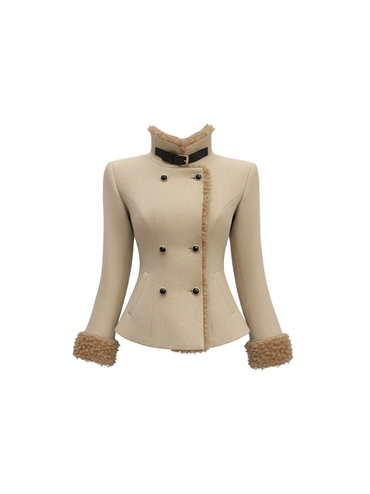 Avant-Garde Double-Breasted Blazer Bodycon Mini Skirt Playful Beige Lamb Fur Trimmed Two-Piece Set Short Dress AP5752