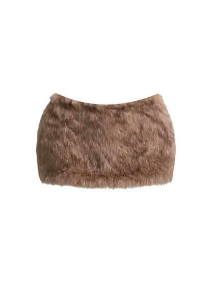 Eye-Catching Black V-Neck Corset Bodycon Mini Skirt Two-Piece Brown Fuzzy Fitted Top Fluffy Bottom Short Dress AP5753