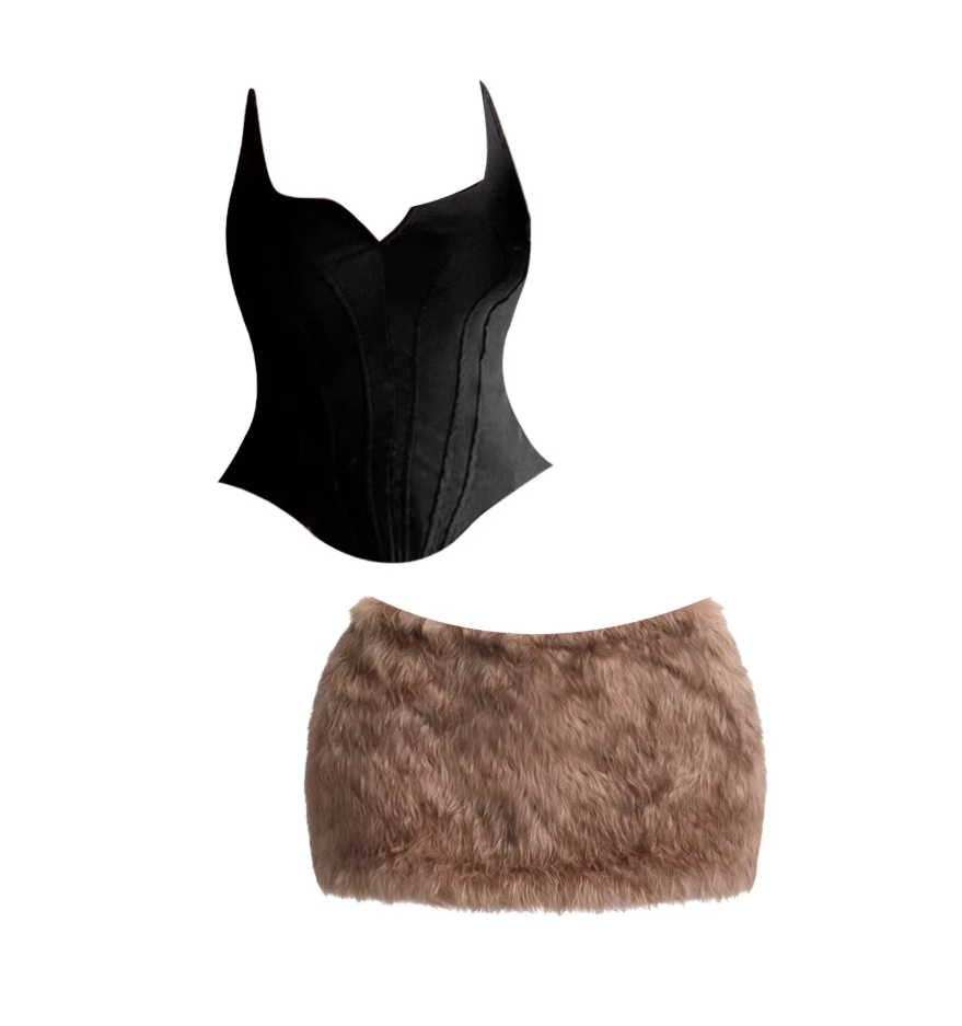 Eye-Catching Black V-Neck Corset Bodycon Mini Skirt Two-Piece Brown Fuzzy Fitted Top Fluffy Bottom Short Dress AP5753