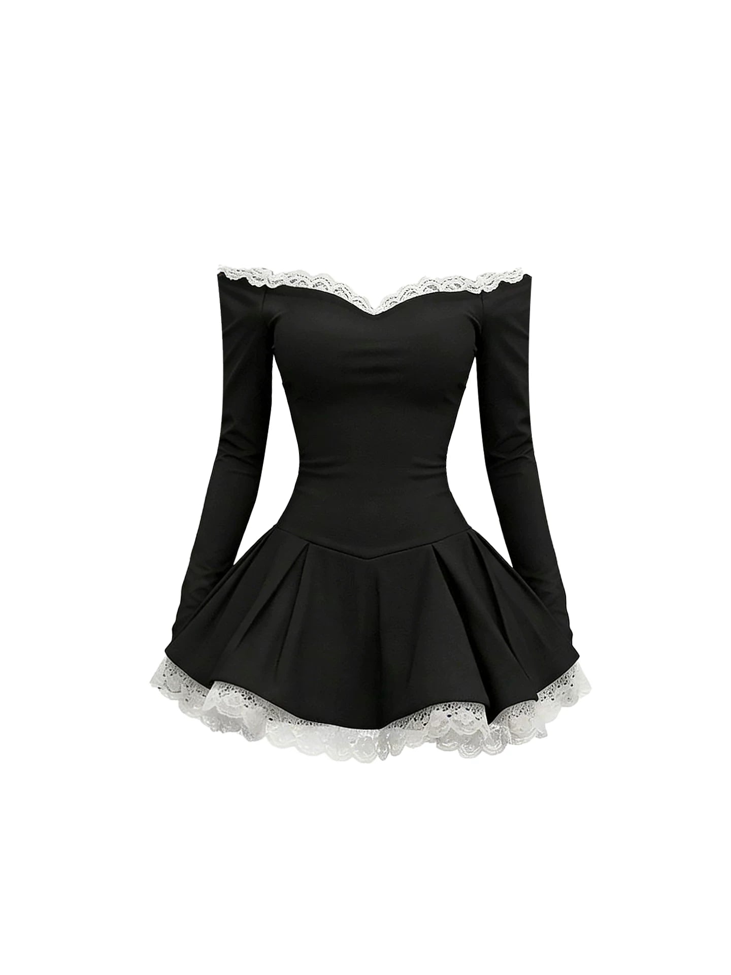 Fresh Black Off-Shoulder Long-Sleeve A-Line Mini Skirt Vogue White Lace Trim Fitted Bodice Flared Short Dress AP5754