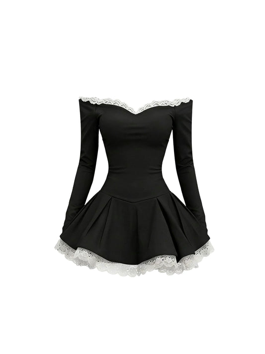 Fresh Black Off-Shoulder Long-Sleeve A-Line Mini Skirt Vogue White Lace Trim Fitted Bodice Flared Short Dress AP5754