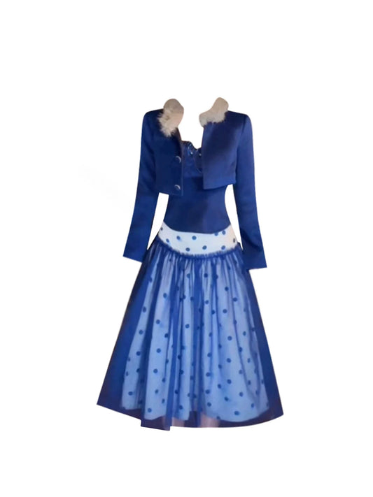Sleek 3-Piece Set A-Line Royal Blue Polka Dot Tulle Maxi Skirt Vibrant Satin Faux Fur Trim Blazer Camisole Tulle Splicing Long Dress AP5755